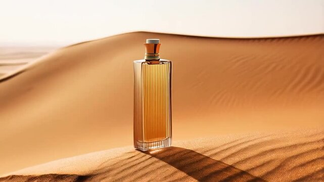 A rectangular perfume bottle sits on a dune of warm, rippled sand