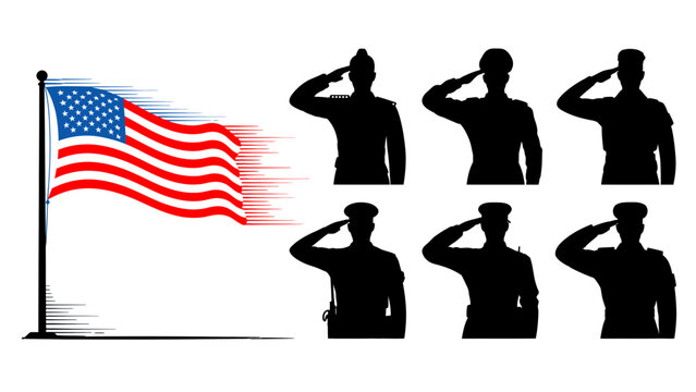 American flag with saluting soldiers vector patriotic military silhouette art