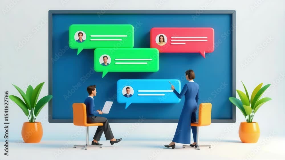 Poster two business professionals interact in front of a large screen displaying colorful chat bubbles and 