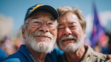 A veteran's embrace at a vibrant parade of remembrance
