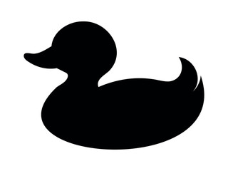 Black silhouette of rubber toy duck, isolated on white background, graphic illustration. concept of bird, waterfowl, icon, logo, design element, nature symbol