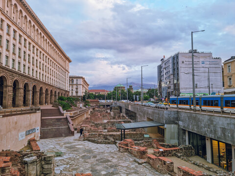 Panoramic view to Serdica archaeological park at sunset  with a view to the Central Department Store building, Vitosha mountain and Saint Nedelya Orthodox Cathedral, Sofia, Bulgaria 