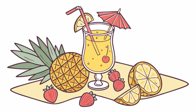 A vibrant isometric vector illustration of a tropical cocktail drink, complete with a small umbrella and fruit garnish. Ideal for summer parties, bar menus, or vacation themes