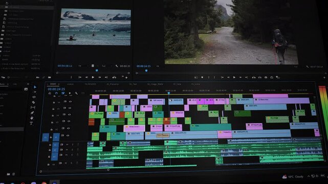 Video editing timeline with multiple layers in editing software, Close-up of video editing software showing layered timeline and multiple video tracks