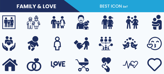 Best family and love icon set collection. Couple, hug, wedding ring, house, child, holding hands, mother, father, grandparents and vector illustration.