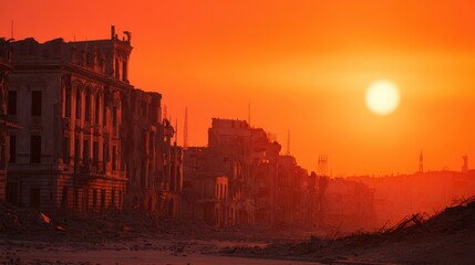 Fototapeta premium Desolate urban landscape at sunset, showcasing crumbling buildings and a vibrant sky