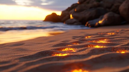Golden sand beach sunset glow, waves, rocks