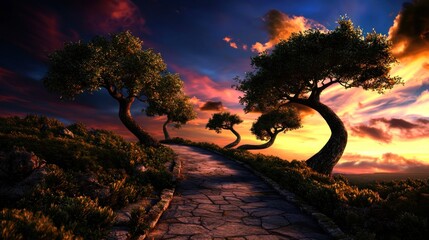 Winding path, sunset, trees, hillside, mystical landscape