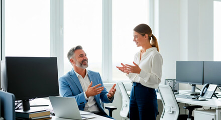 a couple of colleagues are having a discussion: the man is sitting and the woman is standing, both gesticulating vigorously in an office with large windows.