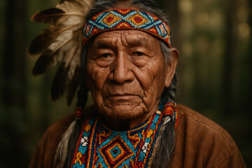 International Day of the Worlds Indigenous Peoples . Elder with feathered headdress and intricate beadwork in forest