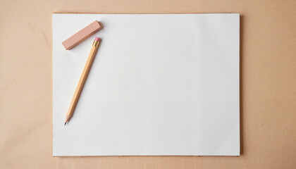 Blank sheet of paper with pencil and eraser on beige background  
