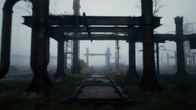Abandoned industrial railway in thick fog. Rusting metal structures and overgrown vegetation create ominous atmosphere. Desolate landscape evokes sense of mystery and decay. Perfect for video game