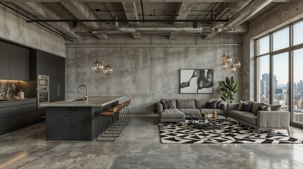 Elegant Concrete Loft with Modern Kitchen Island and Sophisticated Living Space