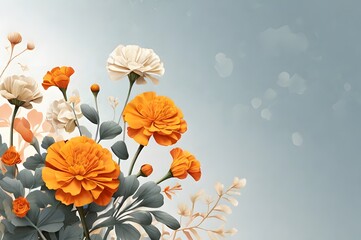 Elegant marigold and cream flower composition on soft blue background with copy space &ndash; 3D botanical - Ideal for posters, wallpapers, and packaging Design