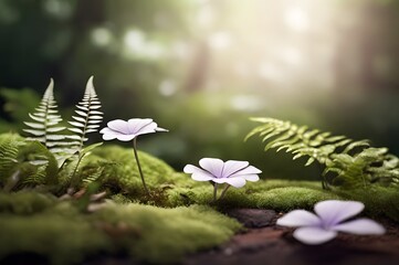 Enchanted forest floor with purple wildflowers and ferns in soft sunlight - concept of personal resilience and quiet determination