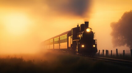 Obraz premium Vintage steam train traveling through a foggy landscape at sunrise, creating a nostalgic atmosphere