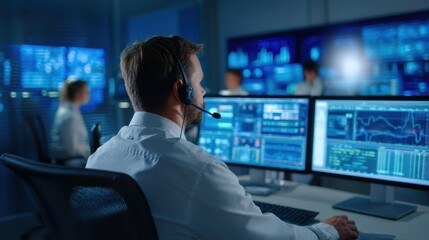 The focused operator monitors data in a high-tech control room environment.