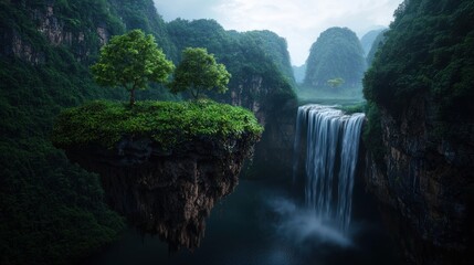 Floating island, lush valley, cascading waterfall, misty mountains
