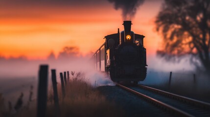 Vintage steam train traveling through misty landscape at sunset, creating a nostalgic atmosphere