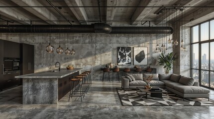 Ultra-Modern Concrete Loft with Open Kitchen and Minimalist Design