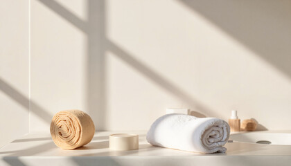 Soft white and wooden towels arranged on a bathroom countertop  
