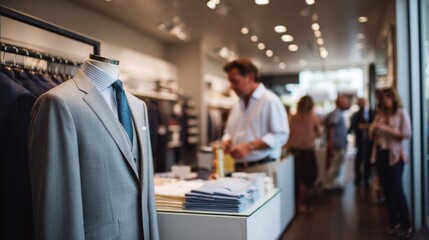 Chic suit shop with welcoming atmosphere, showcasing elegant suits and tailored clothing. interior features modern design elements, creating stylish shopping experience