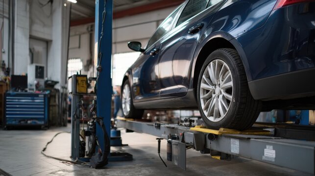 Car lift elevates vehicle in garage, showcasing mechanics of automotive maintenance. scene captures essence of vehicle servicing and repair work