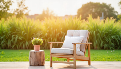 Cozy outdoor armchair with cushion and potted plant on wooden table  