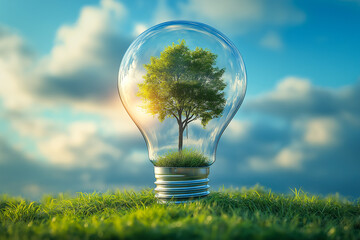 Green energy concept with light bulb on tree, perfect for sustainability, clean energy, and eco visuals