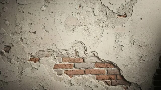 Grunge wall texture with exposed brick. Grey plaster wall background with damaged surface and visible brickwork. Rough, aged wall texture perfect for vintage design projects, adding a distressed feel