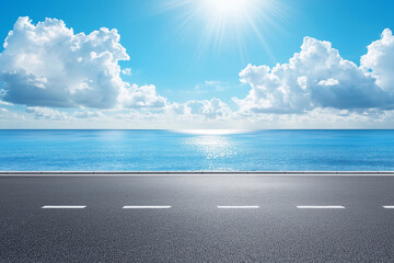 Empty asphalt road by sea with scenic sky, perfect for travel mockups, transportation ads, and tourism visuals