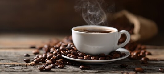 Fototapeta premium The steaming cup of coffee surrounded by fresh roasted beans.