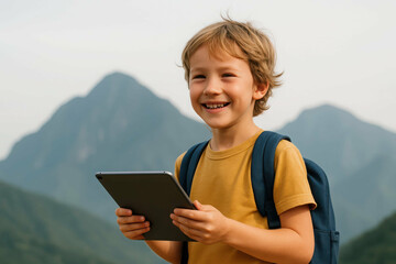 remote learning, mobile education. Boy with tablet in scenic mountain landscape