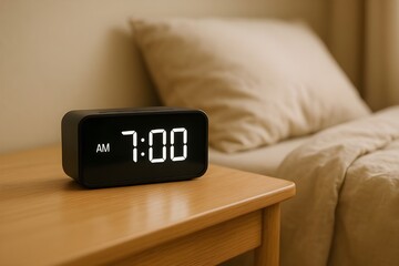 Modern alarm clock on a bedside table in soft morning sunlight. Early morning atmosphere. Minimalistic alarm clock on a nightstand capturing cheerful start of a day. Good morning. 7AM 