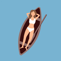 Top view of lying woman floating on the kayak at the deep blue lake. Aerial view of woman kayaking on the water. Resting and relaxing concept vector illustration.