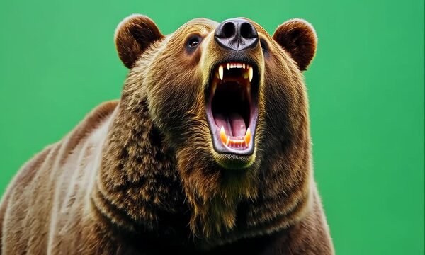 Angry Grizzly bear in Rage, and Roaring, Isolated on Green Background