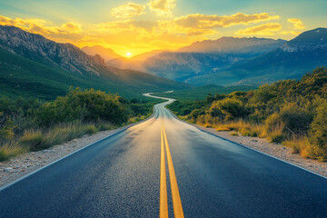 Sunrise over mountains and highway road, ideal for scenic backgrounds, travel ads, and journey concepts