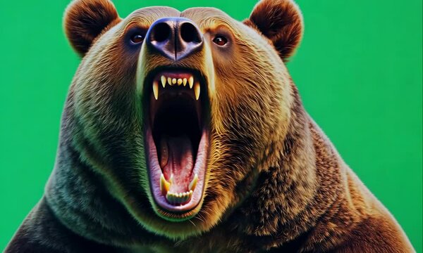 Grizzly Bear Roaring on Green Screen Background