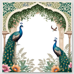 Elegant peacocks in a lush garden archway with floral accents © emon180