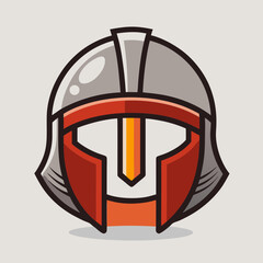 Stylized Spartan Helmet Icon with Metallic Shades of Gray and Red Hues