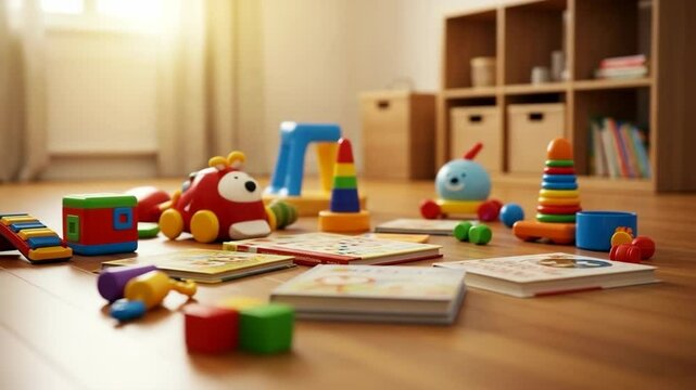Colorful kids toys scattered on wooden floor. Playroom scene with educational toys, books, and colorful blocks.  Adorable toys and books create fun atmosphere perfect for videos.
