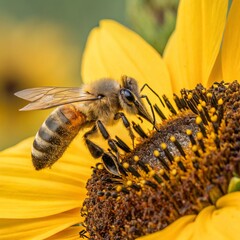 close up of honey bee pollinating on sunflower 