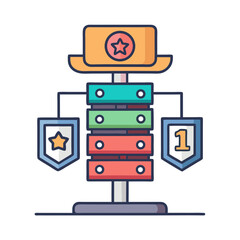 Conceptual diagram of a server with security badges and system rankings