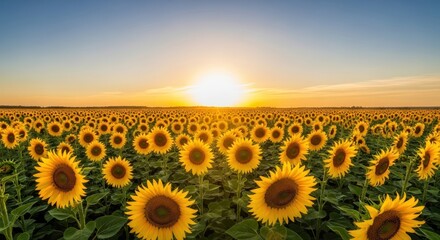 Fototapeta premium A vast sunflower field under a bright sun and clear blue sky at golden hour during the daytime scene