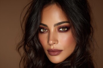 Full face portrait of a glamorous woman with long dark hair, bronze eyeshadow, and soft matte lipstick on a warm brown background