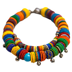 Vibrant beaded necklace with colorful patterns and decorative bells.