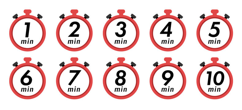 残り時間を表示するタイマー/ストップウォッチ/時計のアイコンイラストデザインセット(timer clock stopwatch 1min 2min 3min 4min 5min 6min 7min 8min 9min 10min 15min 20min 25min 30min 残り時間 シンプル アイコンイラスト ベクター 編集可能 赤)