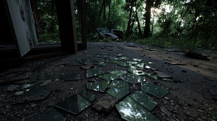 Naklejka premium Broken mirror shards on abandoned path, overgrown forest background
