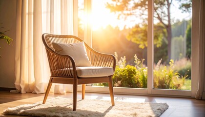 Fototapeta premium Empty chair near window with sunlight pattern 