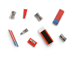 A top down view of a collection of traditional office, business and back to school stationery, equipment for work and education isolated against a transparent background.
